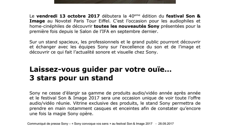 « Sony convoque vos sens »  au festival Son & Image  les 14 et 15 octobre prochains