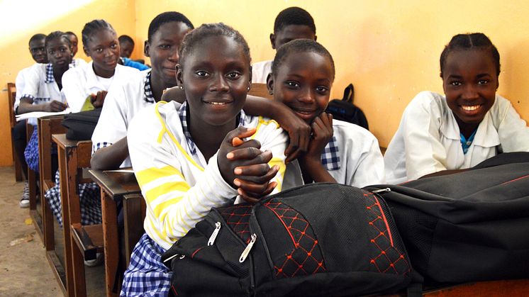 Students at desks at St Martin's School, The Gambia