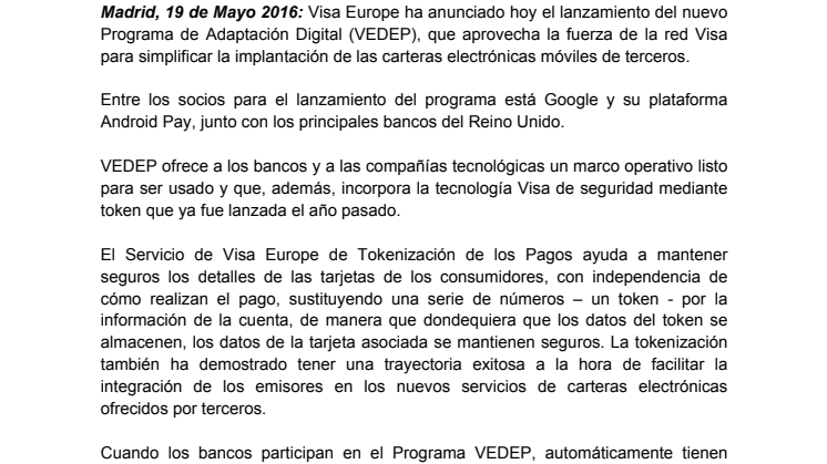 Visa Europe Anuncia un Nuevo Programa de Adaptación Digital con Google Android Pay y los Principales Bancos del Reino Unido