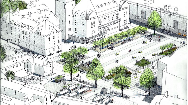 Från gestaltningsprogrammets remissförslag. Visionsbild över Stora Torget och Bondtorget. Illustration: Sweco.