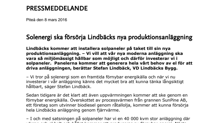 Solenergi ska försörja Lindbäcks nya produktionsanläggning