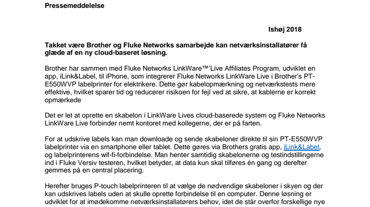 Samarbejde mellem  Brother og Fluke Networks 