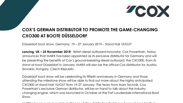 Cox Powertrain: Cox’s German Distributor to Promote the Game-Changing CXO300 at Boote Düsseldorf