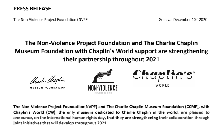 The Non-Violence Project Foundation and The Charlie Chaplin Museum Foundation with Chaplin’s World support are strengthening their partnership throughout 2021