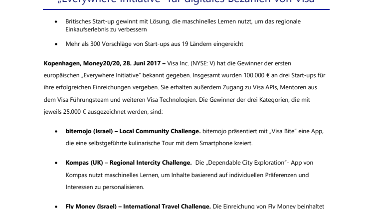Kompas gewinnt 50.000 € in erster europäischer  „Everywhere Initiative“ für digitales Bezahlen von Visa