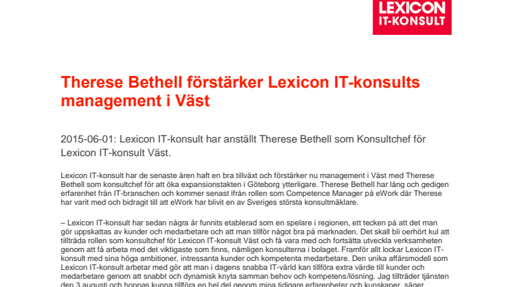 Therese Bethell förstärker Lexicon IT-konsults management i Väst