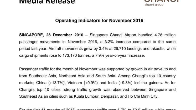Operating Indicators for November 2016