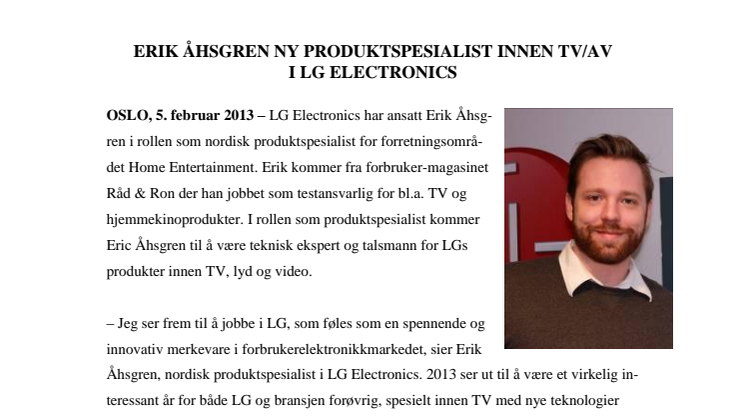 ERIK ÅHSGREN NY PRODUKTSPESIALIST FOR TV/AV I LG ELECTRONICS