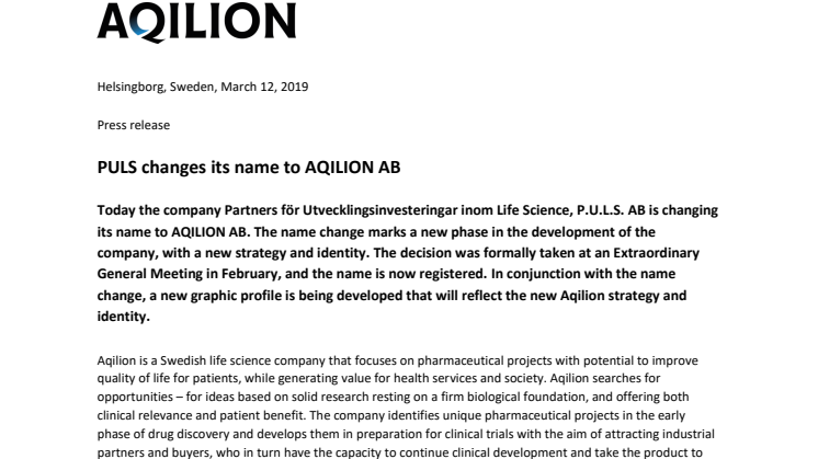 PULS changes its name to AQILION AB