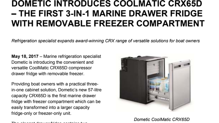 Dometic: Dometic Introduces CoolMatic CRX65D – the First 3-in-1 Marine Drawer Fridge with Removable Freezer Compartment