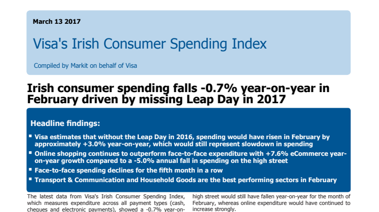 Irish consumer spending falls -0.7% year-on-year in February driven by missing Leap Day in 2017