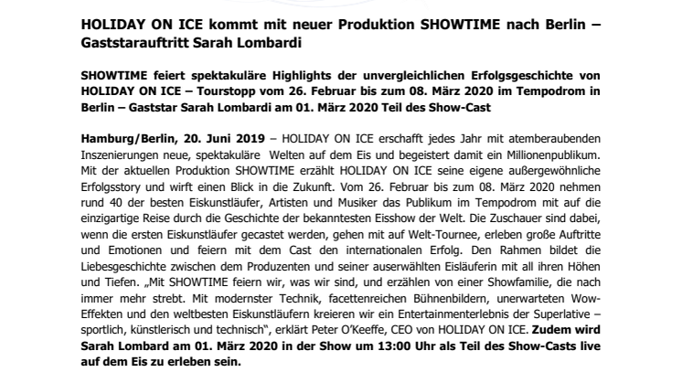 HOLIDAY ON ICE kommt mit neuer Produktion SHOWTIME nach Berlin – Gaststarauftritt Sarah Lombardi