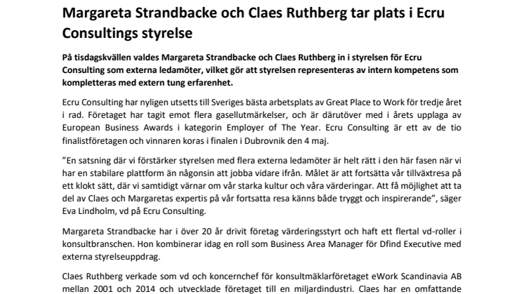 Margareta Strandbacke och Claes Ruthberg tar plats i Ecru Consultings styrelse
