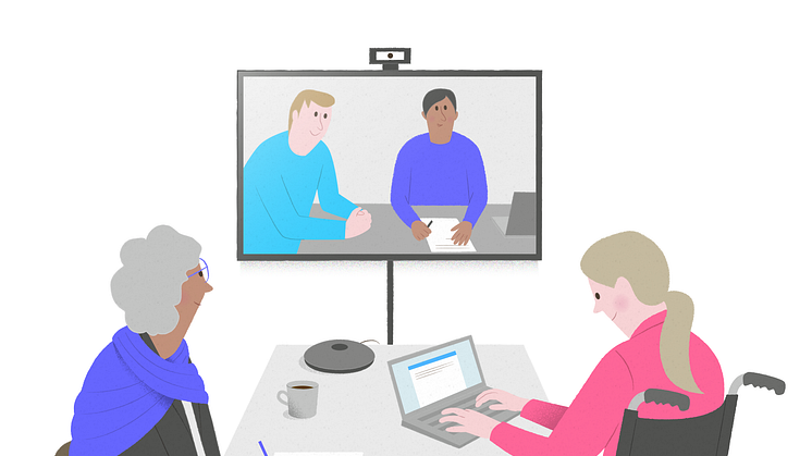 Möten över videolänk är ett av många exempel på digital teknik som kan förenkla ett självständigt liv för personer med funktionsnedsättning. Illustration: Åsa Klingberg.