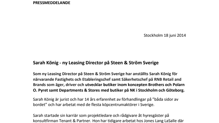 Sarah König - ny Leasing Director på Steen & Ström Sverige