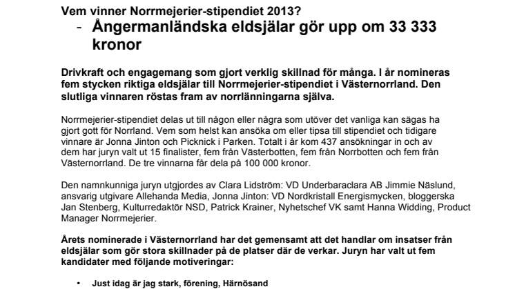 Vem vinner Norrmejerier-stipendiet 2013? -	Ångermanländska eldsjälar gör upp om 33 333 kronor