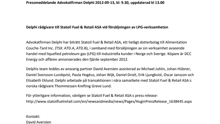 Delphi rådgivare till Statoil Fuel & Retail ASA vid försäljningen av LPG-verksamheten