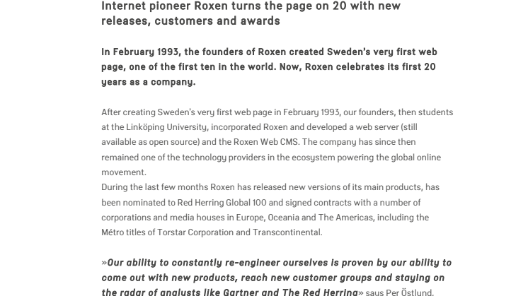 Internet pioneer Roxen turns the page on 20 with new releases, customers and awards