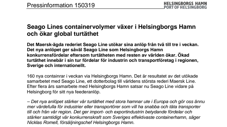 ​Seago Lines containervolymer växer i Helsingborgs Hamn och ökar global turtäthet