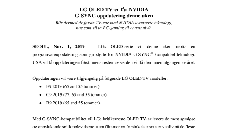 LG OLED TV-er får NVIDIA G-SYNC-oppdatering denne uken 