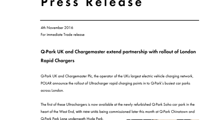 Q-Park UK and Chargemaster extend partnership with rollout of London Rapid Chargers