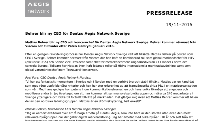 Behrer blir ny CEO för Dentsu Aegis Network Sverige