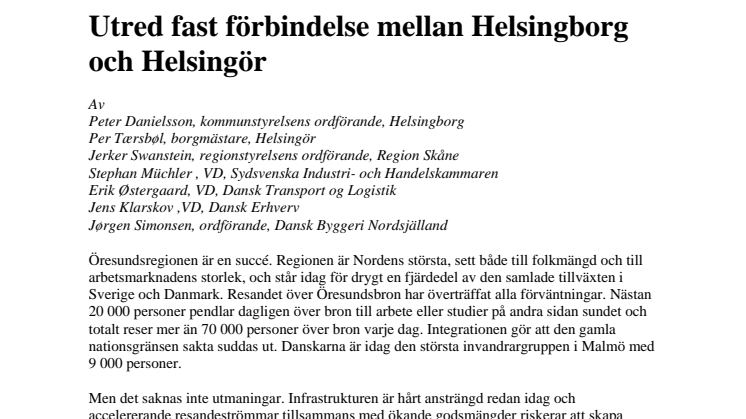 Utred fast förbindelse mellan Helsingborg och Helsingör