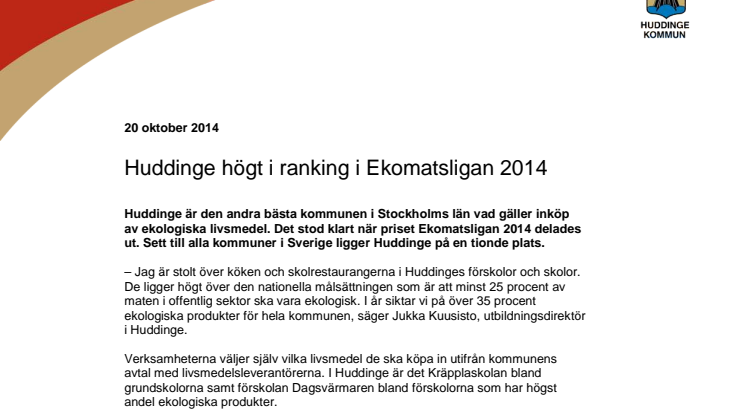 Huddinge högt i ranking i Ekomatsligan 2014