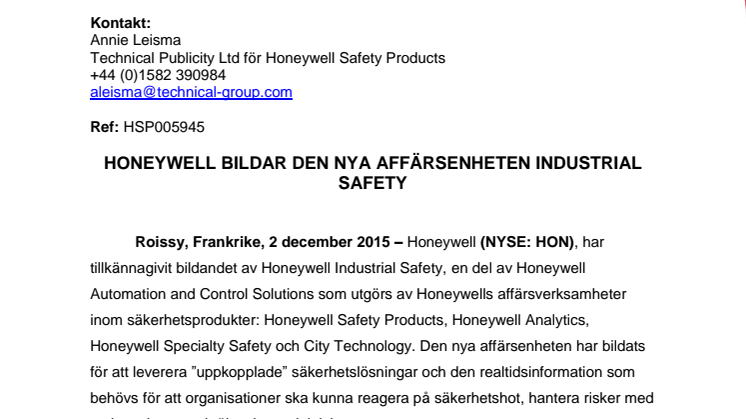 Honeywell bildar den nya affärsenheten Industrial Safety