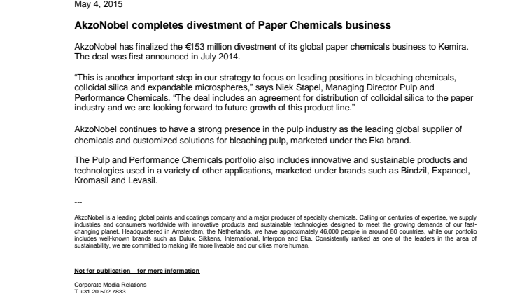 AkzoNobel completes divestment of Paper Chemicals business