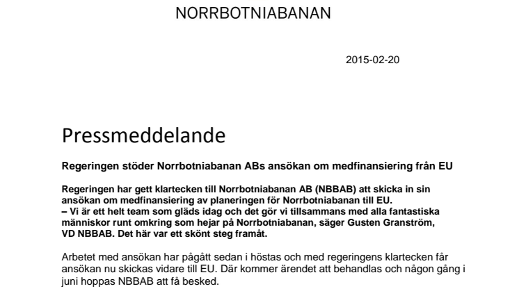 Regeringen stöder Norrbotniabanan ABs ansökan om medfinansiering från EU