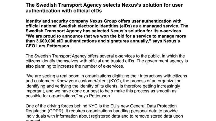 The Swedish Transport Agency selects Nexus’s solution for user authentication with official eIDs
