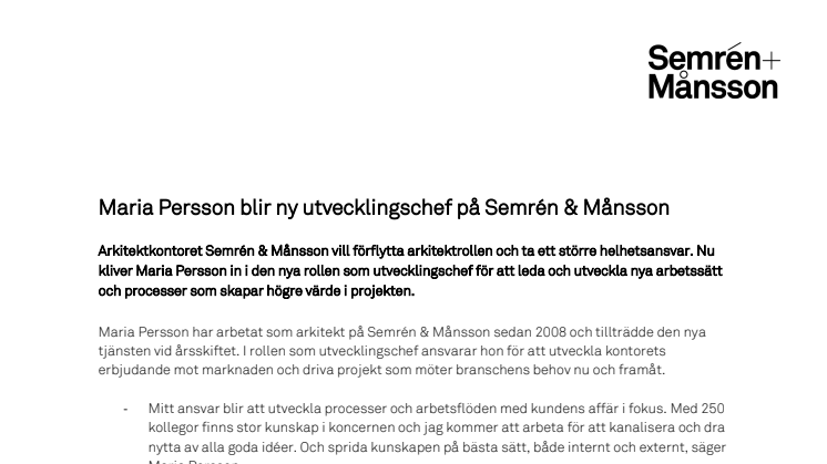 Maria Persson blir ny utvecklingschef på Semrén & Månsson