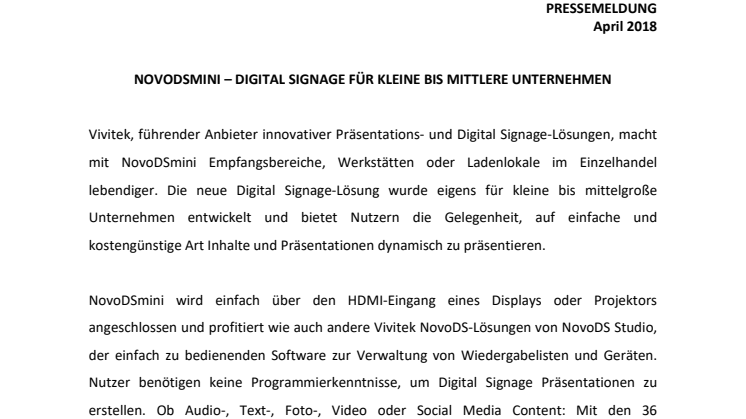 NovoDSmini – DIGITAL SIGNAGE FÜR KLEINE BIS MITTLERE UNTERNEHMEN