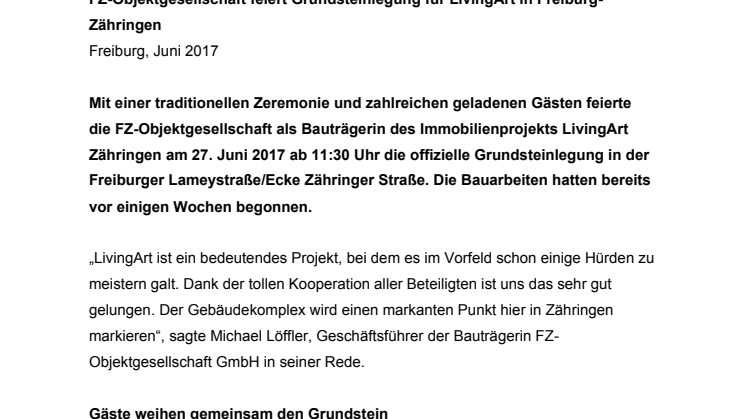 FZ-Objektgesellschaft feiert Grundsteinlegung für LivingArt in Freiburg-Zähringen