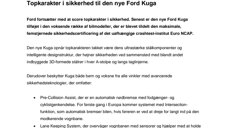 Topkarakter i sikkerhed til den nye Ford Kuga
