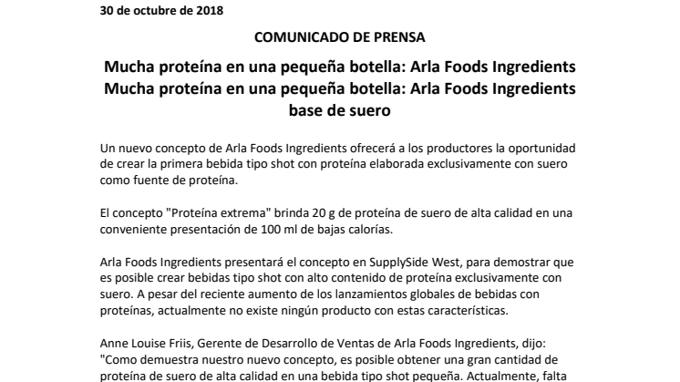 Mucha proteína en una pequeña botella: Arla Foods Ingredients lanzará el concepto "Proteína extrema" de bebidas tipo shot a base de suero