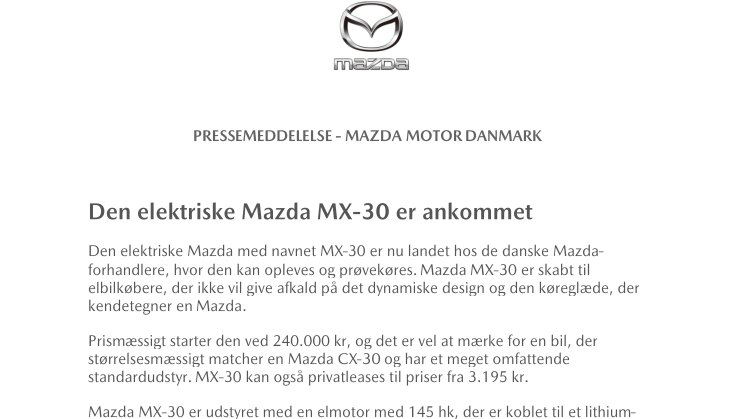 Den elektriske Mazda MX-30 er ankommet