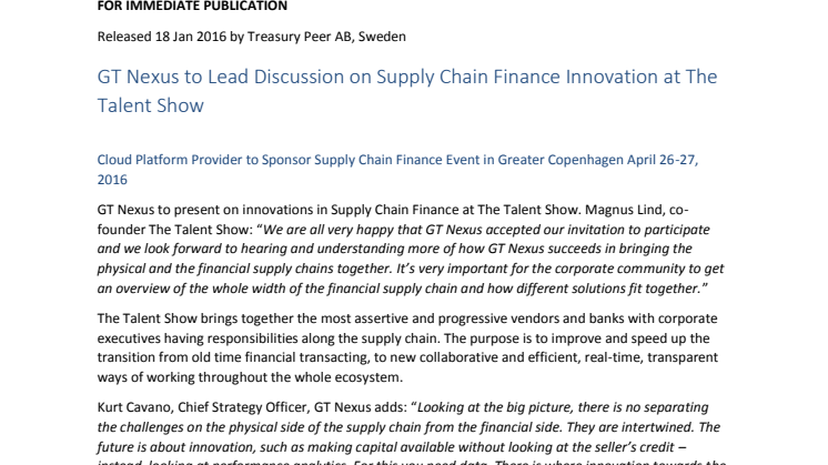 GT Nexus to Lead Discussion on Supply Chain Finance Innovation at The Talent Show 