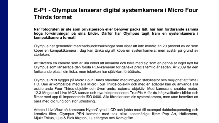 Olympus PEN E-P1 - Digital systemkamera i Micro Four Thirds format