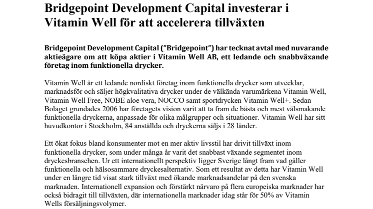 Bridgepoint Development Capital investerar i Vitamin Well för att accelerera tillväxten 