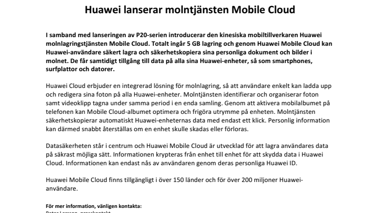 Huawei lanserar molntjänsten Mobile Cloud 