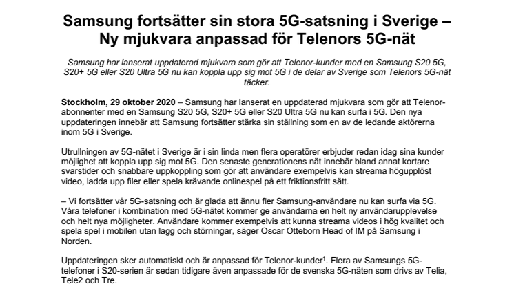 Samsung fortsätter sin stora 5G-satsning i Sverige – Ny mjukvara anpassad för Telenors 5G-nät