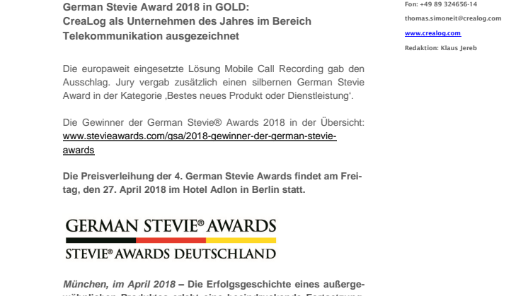 German Stevie Award 2018 in GOLD: CreaLog als Unternehmen des Jahres im Bereich Telekommunikation ausgezeichnet