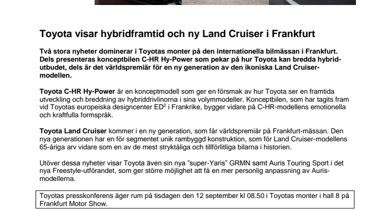 Toyota visar hybridframtid och ny Land Cruiser i Frankfurt