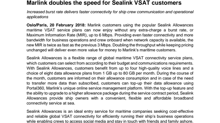 Marlink doubles the speed for Sealink VSAT customers