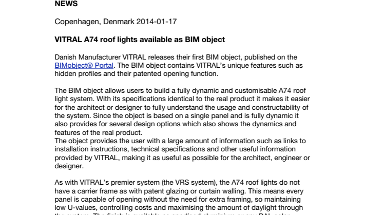 VITRAL A74 roof lights available as BIM object 