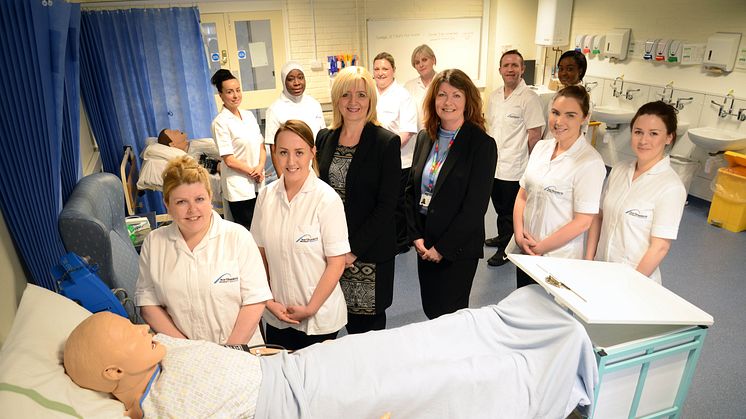 Student nurses with Dr Alison Stevens, Associate Professor in Nursing, Midwifery & Health at Northumbria University & Debbie Reape, Interim Executive Director of Nursing at Northumbria Healthcare NHS Foundation Trust