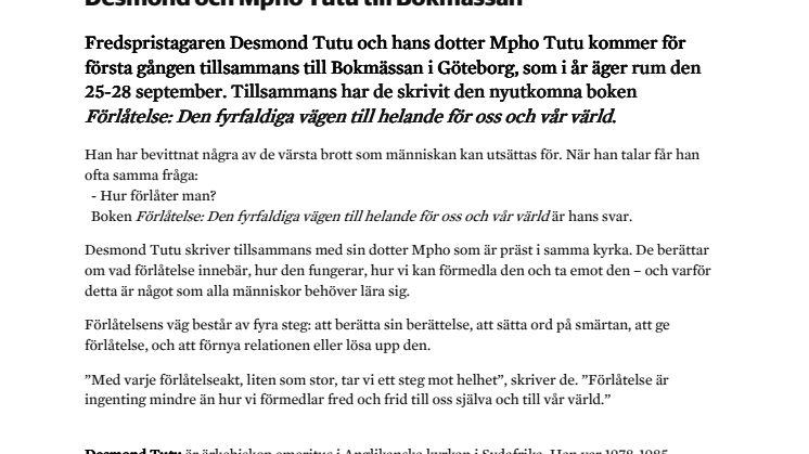 Pressmeddelande - Desmond och Mpho Tutu till Bokmässan