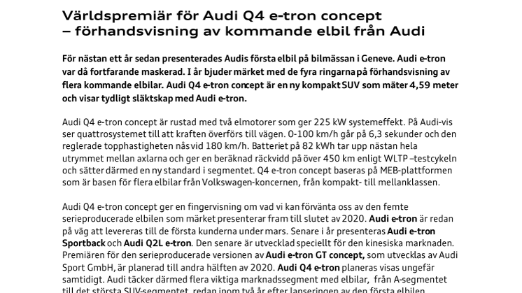 Världspremiär för Audi Q4 e-tron concept – förhandsvisning av kommande elbil från Audi